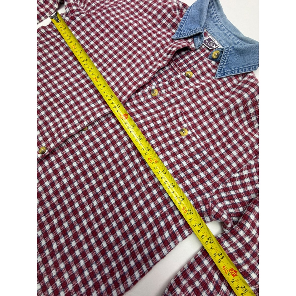 Vintage Red Gingham Waffle Texture Button Down Shirt Denim Collar Cotton Nepal M - Picture 5 of 10